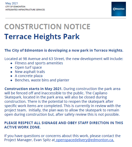 construction notice CoE park may 2021